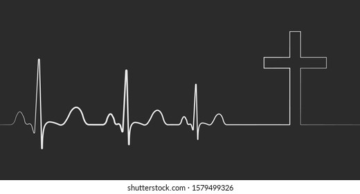 Death icon symbol, cardiac arrest, vector cardiogram with cross, concept of death path to faith condolences, departure to another world