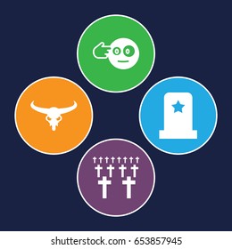 Death icons set. set of 4 death filled icons such as bull skull, head bang emot, headstone