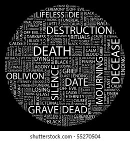 DEATH. Illustration with different association terms in white background.