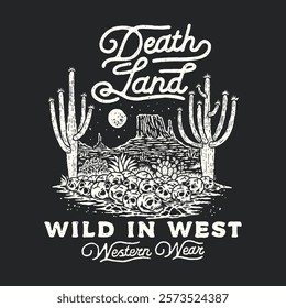 death illustration  skull graphic cactus design desert badge western vintage wild landscape