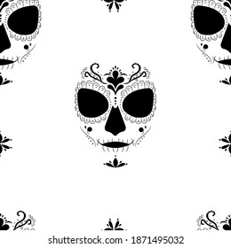 Death image of Santa Muerte. Seamless pattern for fashion prints, fabrics, wallpapers, wrapping paper, bedding. Modern pagan cult in Mexico. Vector illustration.