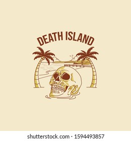 Death island. Skull and palm tree on the beach. t-shirt graphics, vectors, retro vintage hand drawn