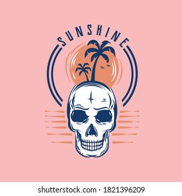 Death island. Skull and palm tree on the beach. t-shirt graphics, vectors, retro vintage hand drawn