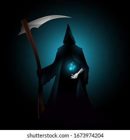  Death itself with a soul in his hand at dark glowing background.  Grim reaper with scythe. Scary horror cartoon  vector illustration 