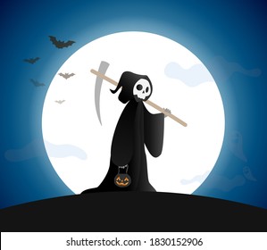 The death with Jack o Lantern pumpkin basket standing on full moon background, Halloween illustration vector 