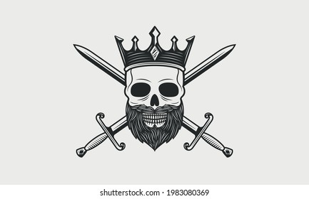 Death King logo, emblem. Skull with beard, crown and two crossed swords on background. Skeleton King. Vintage Print for t-shirt, tattoo.
Vector illustration