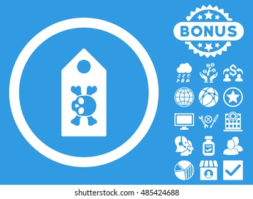 Death Label icon with bonus design elements. Vector illustration style is flat iconic symbols, white color, blue background.