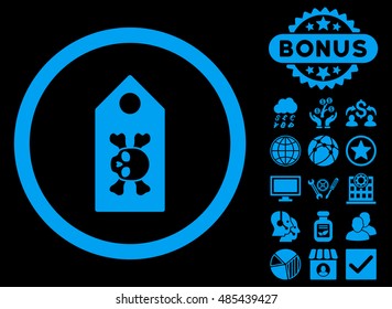Death Label icon with bonus pictures. Vector illustration style is flat iconic symbols, blue color, black background.