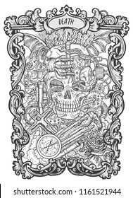 Death. Major Arcana tarot card. The Magic Gate deck. Fantasy engraved vector illustration with occult mysterious symbols and esoteric concept