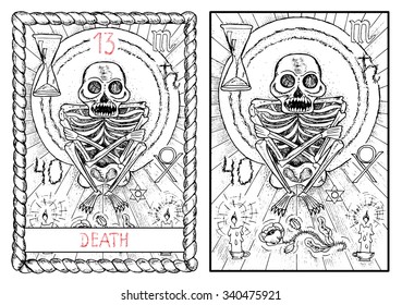 Death.  The major arcana tarot card, vintage hand drawn engraved illustration with mystic symbols. Scary human skeleton with candles and flower