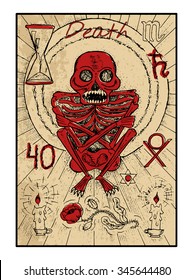 Death.  The major arcana tarot card in color, vintage hand drawn engraved illustration with mystic symbols. Scary human skeleton with candles and flower