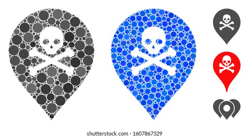 Death map marker composition of small circles in various sizes and color tinges, based on death map marker icon. Vector random circles are organized into blue collage.
