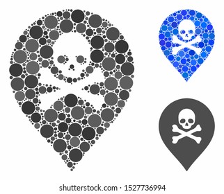 Death marker mosaic of filled circles in different sizes and color hues, based on death marker icon. Vector filled circles are combined into blue composition.