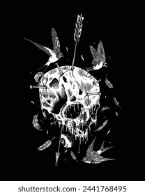 death metal horror illustration of skulls, arrows, and birds