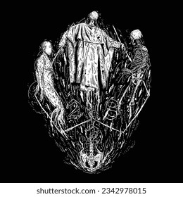 death metal illustration of three people floating. dark art style, horror illustration