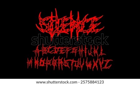 Death metal lettering in red with sharp and chaotic style. Perfect for logo designs, band branding, and horror-themed projects. Includes a full uppercase alphabet in vector format