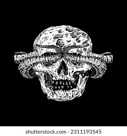death metal skull with horns illustration. hand drawn dark art style