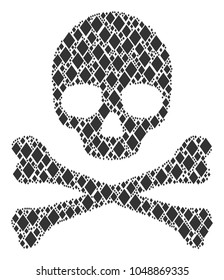 Death mosaic constructed of filled rhombus design elements. Vector filled rhombus pictograms are composed into geometric skull pattern.