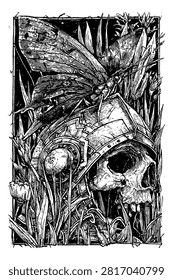 Death Moth Resting on Human Skull Illustration