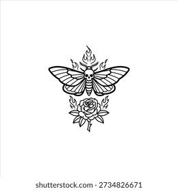 Death Moth com Skull Rose e Ilustração vetorial de tatuagem de chamas.