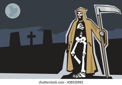 Death on graveyard. Night full moon on gray sky . Flat vector illustration on dark background.