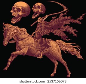 Death on horseback. Doomsday. Editable hand drawn illustration. Vector vintage engraving. Isolated on black background. 8 EPS