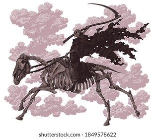 Death on horseback. Hand drawn engraving. Editable vector vintage illustration. Isolated on white background. 8 EPS