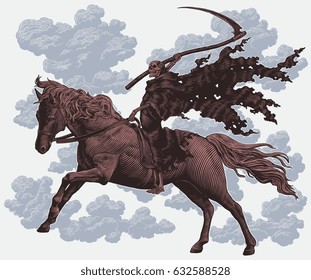 Death on horseback. Hand drawn engraving. Vector vintage illustration. 8 EPS