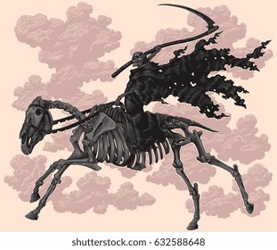 Death on horseback skeleton. Hand drawn engraving. Vector vintage illustration. 8 EPS