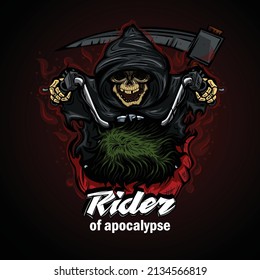 Death on a motorcycle with a scythe behind him and with phrase Rider of Apocalypse.