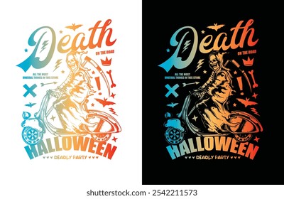 Morte em uma Scooter. Cartaz de Halloween. Ilustração vetorial original em estilo vintage. Design de camiseta. Desenhado à mão, não com IA