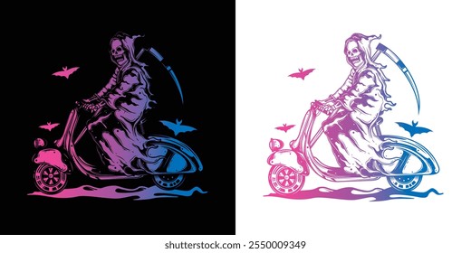 Morte em uma Scooter. Cartaz de Halloween. Ilustração vetorial original em estilo vintage. Design de camiseta. Desenhado à mão, não com IA