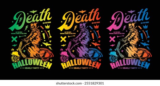 Morte em uma Scooter. Cartaz de Halloween. Ilustração vetorial original em estilo vintage. Design de camiseta. Desenhado à mão, não com IA