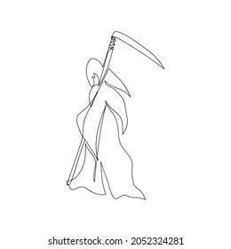 Death one line art. Continuous line drawing of halloween theme, autumn mood, horrible, performance, death with scythe, fear, end of life, halloween costume, spell.