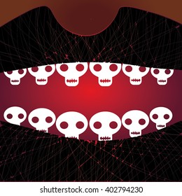 Death open mouth. Black lips and white human sculls as teeth. Hell mouth for Day of the Death. Baron Samedi smile. As Day Of The Dead Skull poster, cover. Vector Eps 10.