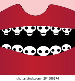 Death open mouth. Red lips and white human sculls as teeth. Digital art. Death, War, Horror concept. As Day Of The Dead Skull poster, cover, t-shirt print. Voodoo illustration. Vector Eps 8.