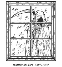 Death is outside the window. Engraving vector illustration.