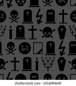 Death pattern seamless. Tombstone and cross background. Cemetery and skull. Candle and mourning frame