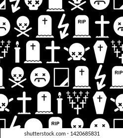 Death pattern seamless. Tombstone and cross background. Cemetery and skull. Candle and mourning frame