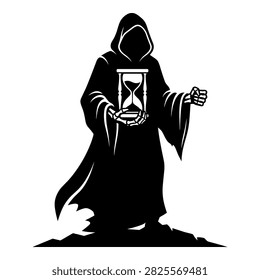Death personification in cloak, skeletal hands, sand timer, memento mori gothic illustration.