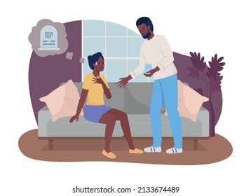 Death phobia 2D vector isolated illustration. Lady has panic attack flat characters on cartoon background. Reassuring father colourful scene for mobile, website, presentation. Bebas Neue font used