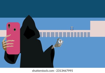 Death is photographed on mobile phone with stopwatch against  backdrop of  Dams Hydroelectric power plants. Concept of   blackmail Russia, destruction of   peaceful infrastructure of Ukraine