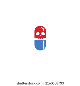 Logo de la píldora de la muerte. Cápsula con ilustración plana del cráneo. Icono de advertencia de medicamentos. Ilustración del vector