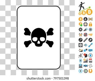 Death playing card pictograph with additional bitcoin mining and blockchain pictographs. Flat vector style for crypto-currency apps.