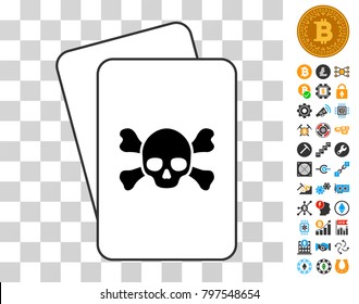 Death playing cards icon with bonus bitcoin mining and blockchain symbols. Flat vector pictures for crypto currency software.