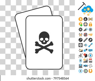 Death playing cards pictograph with additional bitcoin mining and blockchain pictograms. Flat vector images for crypto currency software.