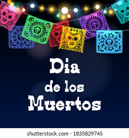 Death poster of mexican day. Banner of traditional festival with slogan dia de los muertos, vector illustration of skulls ornaments in ritual flags