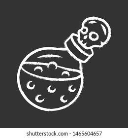 Death potion chalk icon. Alchemy and apothecary liquid bottle with skull. Magical elixir, drink, wizard poison in glass flask. Occultism & witchcraft spell. Isolated vector chalkboard illustration