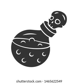 Death potion glyph icon. Silhouette symbol. Alchemy and apothecary liquid bottle with skull. Magical elixir, wizard poison in glass flask. Occultism & witchcraft spell. Vector isolated illustration