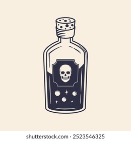 Death potion. Halloween Bottle. Magic Elixir icon. Vintage doodle style. Vector illustration